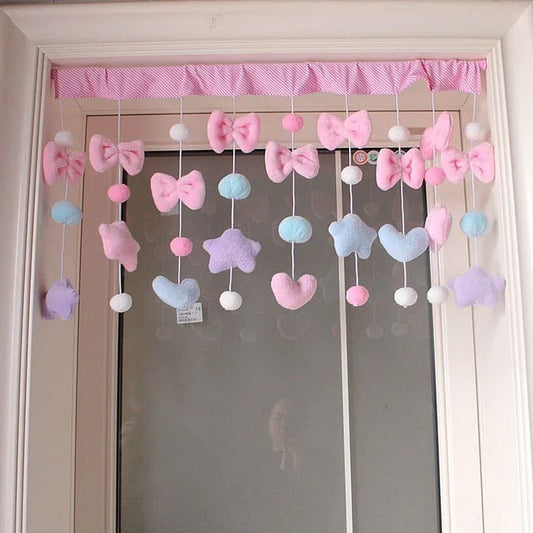 Pastel window valance with hearts, bows, and stars for a kawaii, dreamy room aesthetic