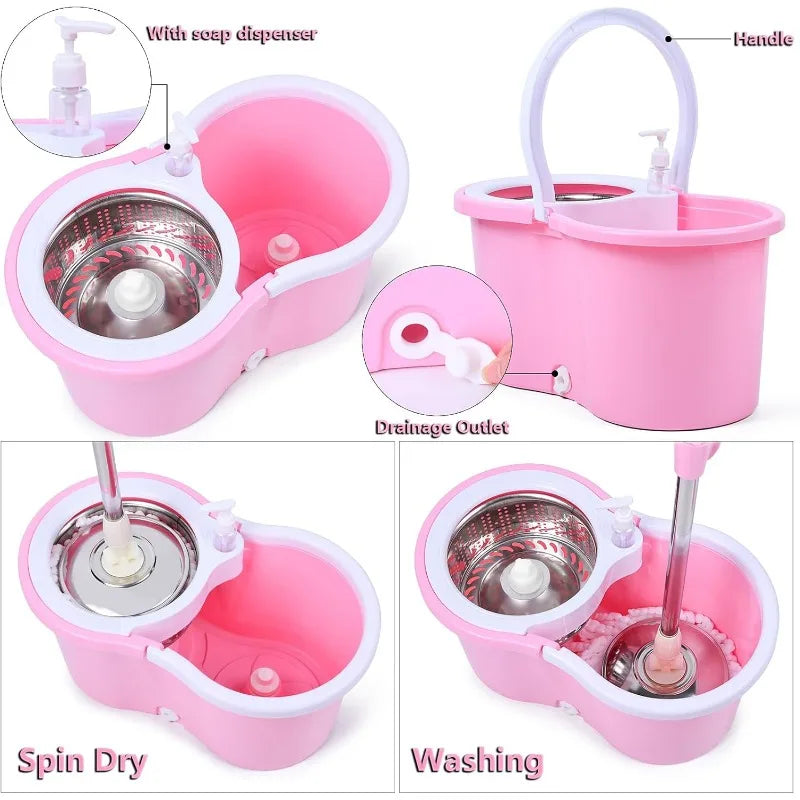 Durable pink spin mop and bucket set with bonus extra microfiber mop heads included