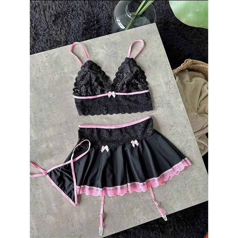 Sexy Dusky Rose lingerie set with bralette, skirt, thong, perfect for flirty DDLG outfits