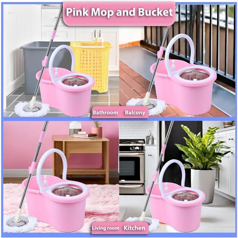 Easy to assemble pink spin mop and bucket set with sturdy materials for long-lasting use