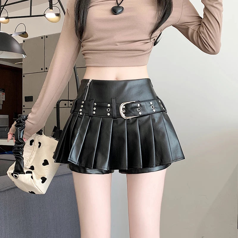 Edgy Doll Vegan Mini Skirt, black faux leather skirt with raw grunge style and kawaii aesthetic
