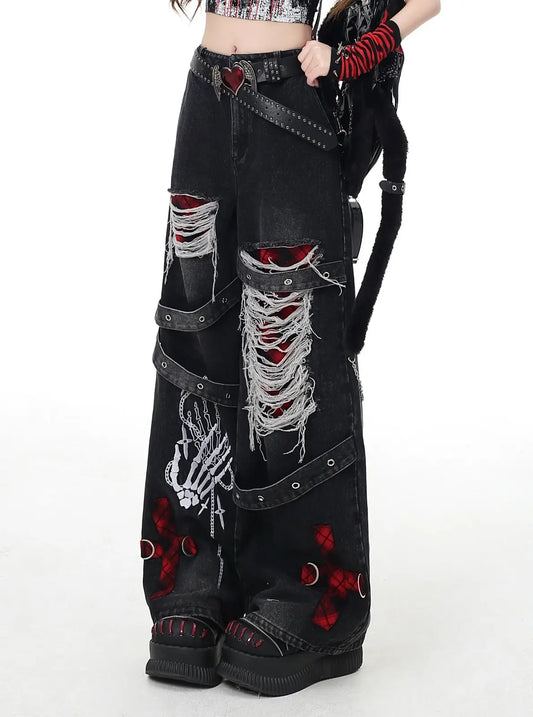 Edgy goth baddie denim pants in black with ripped grunge streetwear style