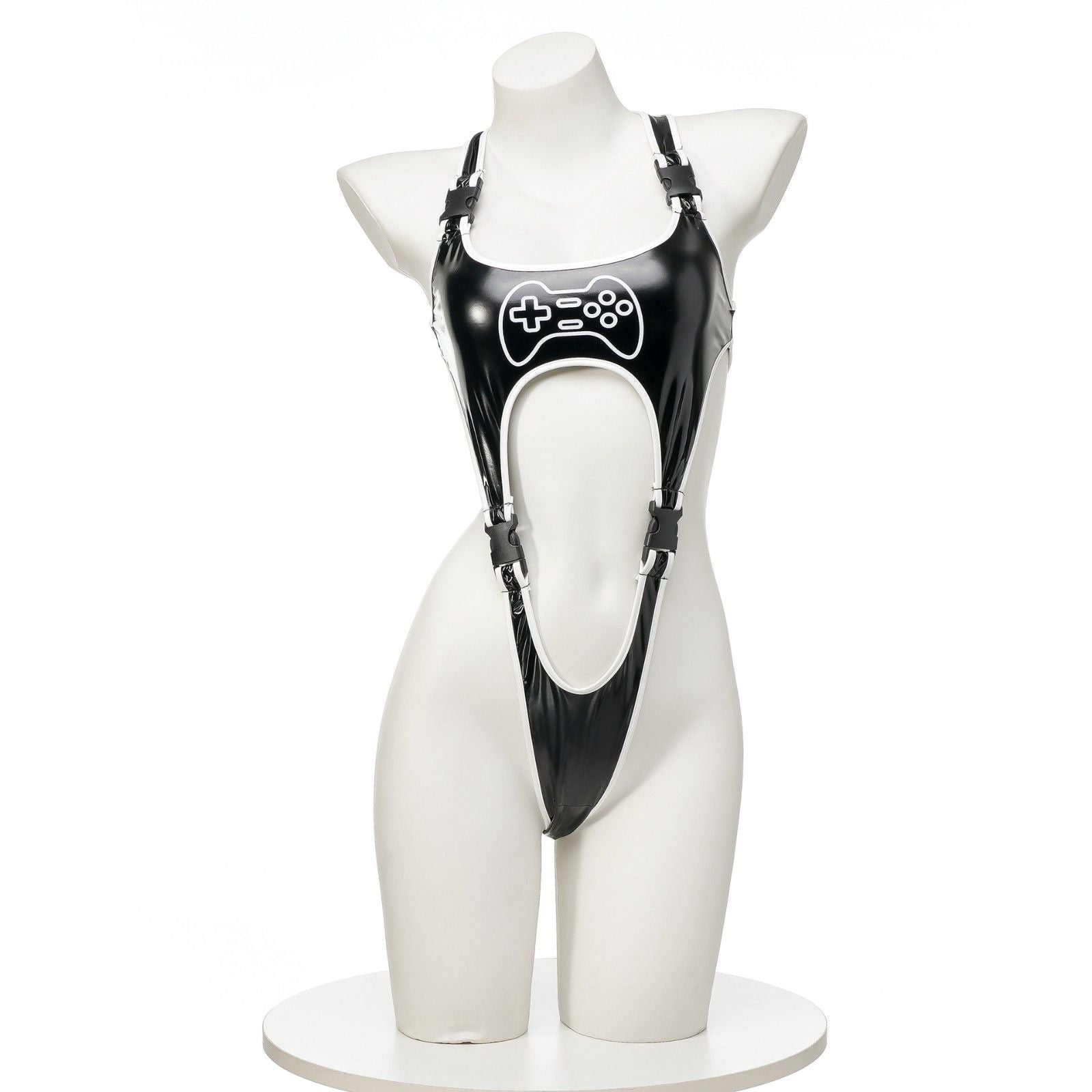 Black micro buckle bodysuit front view, ddlg abdl altcore egirl vibes