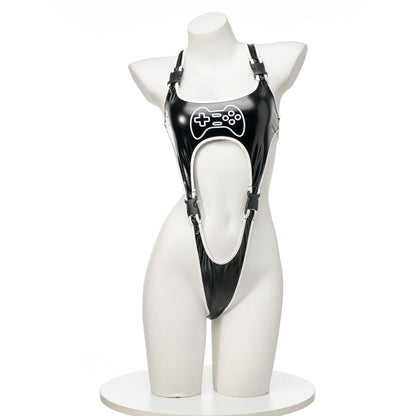 Black micro buckle bodysuit front view, ddlg abdl altcore egirl vibes