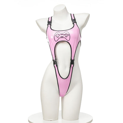Pink micro buckle bodysuit front view alternative, ddlg abdl kawaii egirl outfit