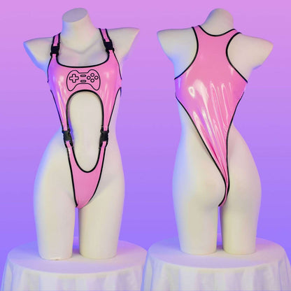 Pink egirl micro buckle bodysuit front and back view, kawaii ddlg abdl fashion