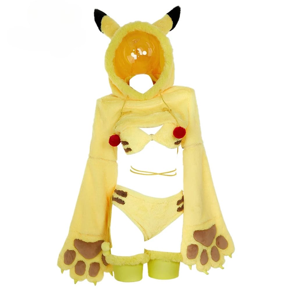 Yellow fuzzy bunny cosplay hood with ears and matching paw gloves detail kawaii anime cutecore costume