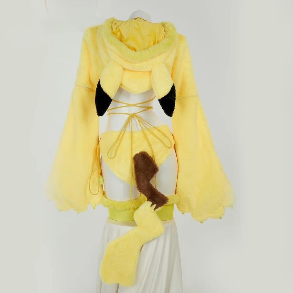 Yellow fuzzy bunny cosplay leg warmers and bow clips detail kawaii cutecore anime cosplay accessories