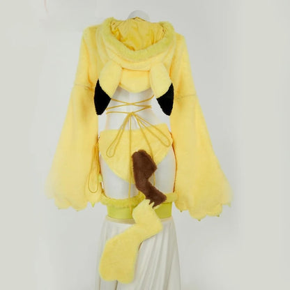 Yellow fuzzy bunny cosplay leg warmers and bow clips detail kawaii cutecore anime cosplay accessories