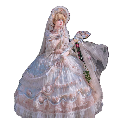 Elegant DDLG tea dress with layered ruffles, lace detail, and flowy skirt for whimsical kawaii fantasies