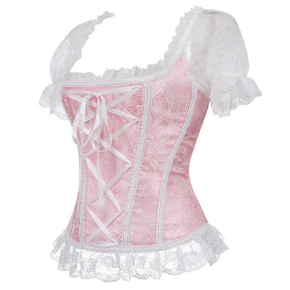 Elegant petal pink lace corset top with puff sleeves for a soft feminine look