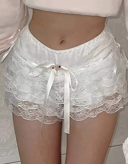 Ethereal Rose Ruffle Shorts with delicate mini rose and bow accent, perfect for little space, kawaii, and cozy DDLG outfits.