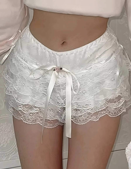 Ethereal Rose Ruffle Shorts with delicate mini rose and bow accent, perfect for little space, kawaii, and cozy DDLG outfits.
