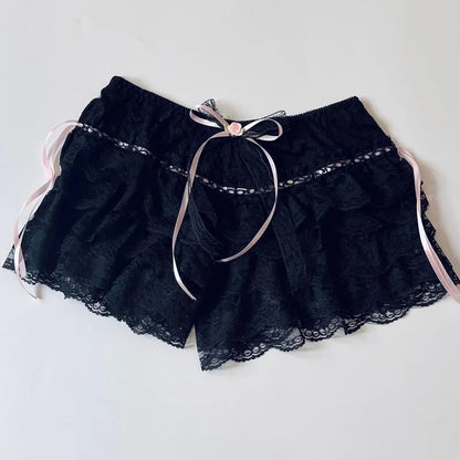 Ethereal Rose Ruffle Shorts in black featuring flirty thin bow and soft breathable fabric, ideal kawaii DDLG and ABDL outfit