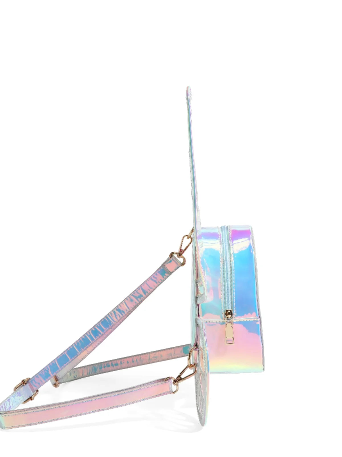 Euphoric Chrome Butterfly Backpack blue side view showing reflective chrome finish, ethereal kawaii butterfly design, festival-ready