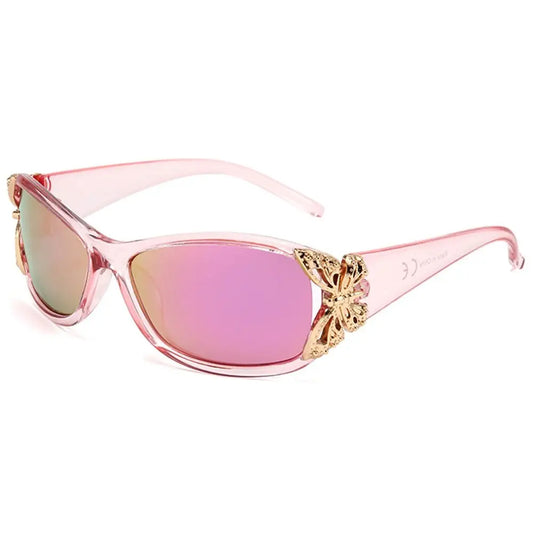 Exclusive pink rave sunglasses with 3D butterfly detail and holo tint for kawaii DDLG ABDL festival vibes