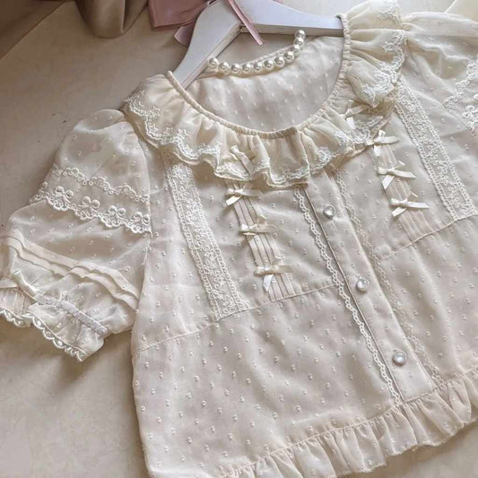 White Fairy Tale Ruffle Lolita Top with soft ruffles and dreamy silhouette – front view
