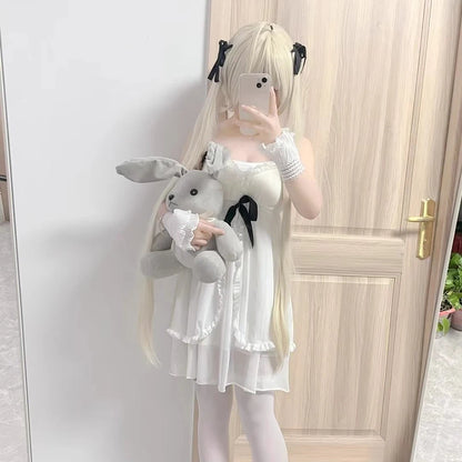 whimsical pastel frilly Lolita nightdress with ribbon accents for dreamy little-space lounging and magical DDLG/ABDL vibes