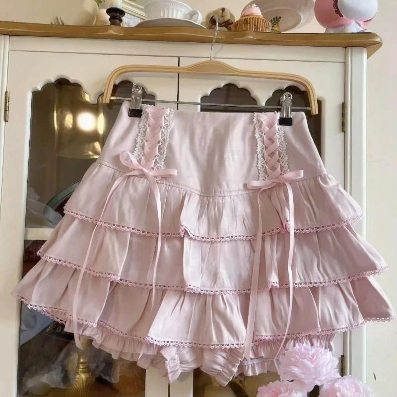 Fairycore Lolita High Waist Ribbon Skirt in pastel pink with dreamy frills and kawaii ribbon bows