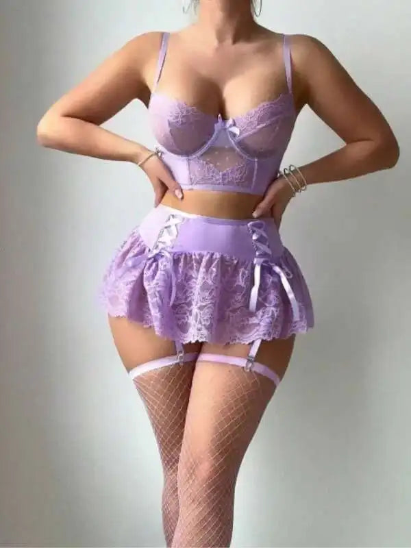 Fairycore Purple Bustier Set, romantic lace bustier with puff mini skirt for little space roleplay and cute fits