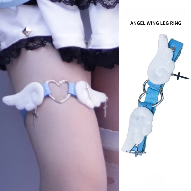 fallen angel garter with soft pastel straps and gothic kawaii cross charms perfect for DDLG ABDL and cosplay