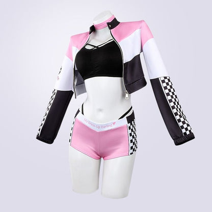 Fast Lane Anime cosplay set with racer shorts, crop top, and pink choker