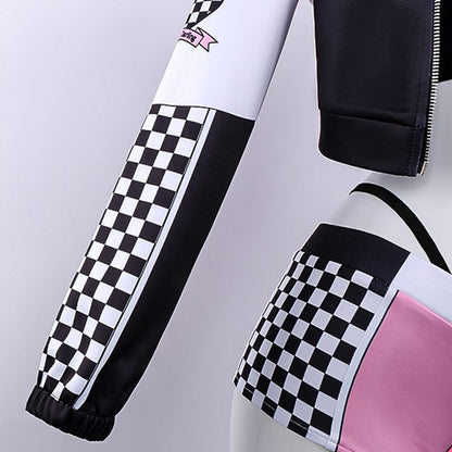 Sexy racer anime cosplay outfit with crop top, jacket, and strap shorts