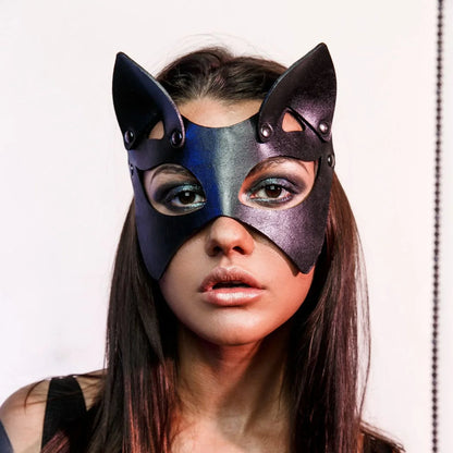 Feral Cat Leather Eye Mask in classic black, vegan leather, edgy cutebaddie style, perfect for DDLG fantasyplay and flirty roleplay