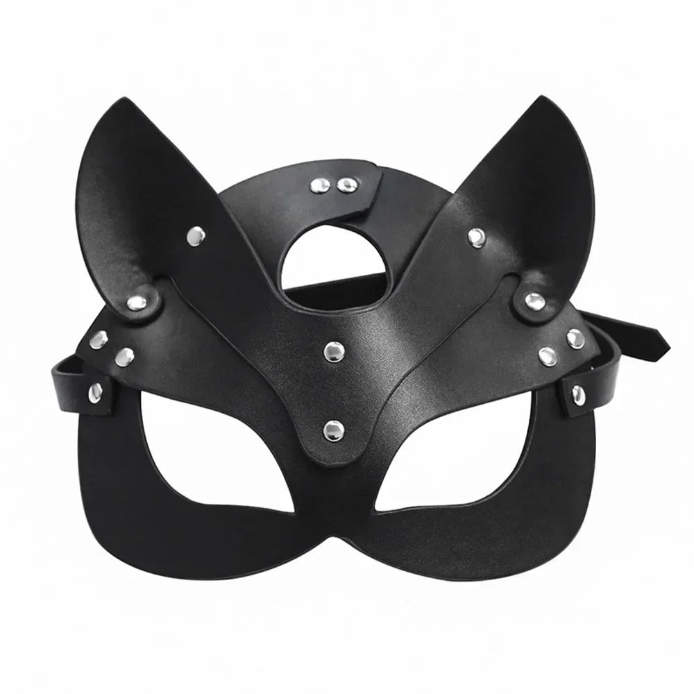 Close-up of Feral Cat Leather Eye Mask showing rivet and strap details, vegan leather, edgy cutebaddie fantasy accessory
