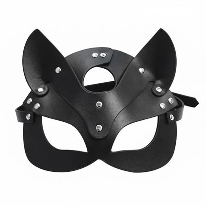 Close-up of Feral Cat Leather Eye Mask showing rivet and strap details, vegan leather, edgy cutebaddie fantasy accessory