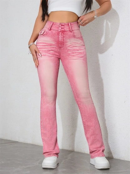 Fierce pink fade scratch jeans with high-waisted fit, distressed babycore denim for DDLG and soft baddie kawaii style
