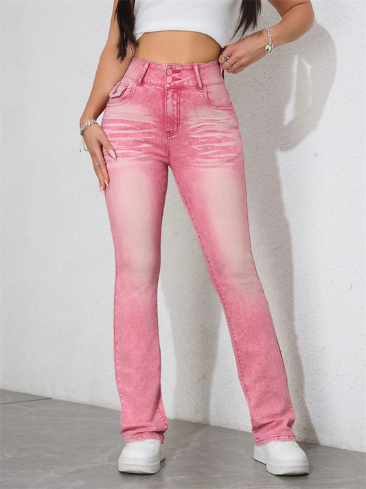 Fierce pink fade scratch jeans with high-waisted fit, distressed babycore denim for DDLG and soft baddie kawaii style