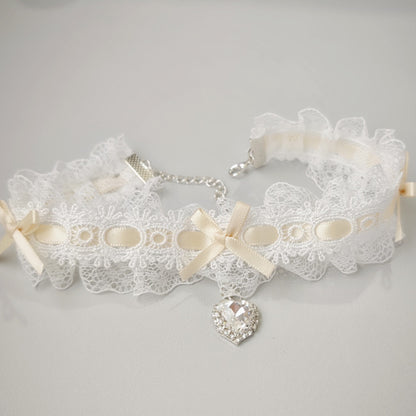 Flirty Babydoll Lacy Choker, soft girl accessory for DDLG/DDLGirl, delicate ribbon and mini heart crystal