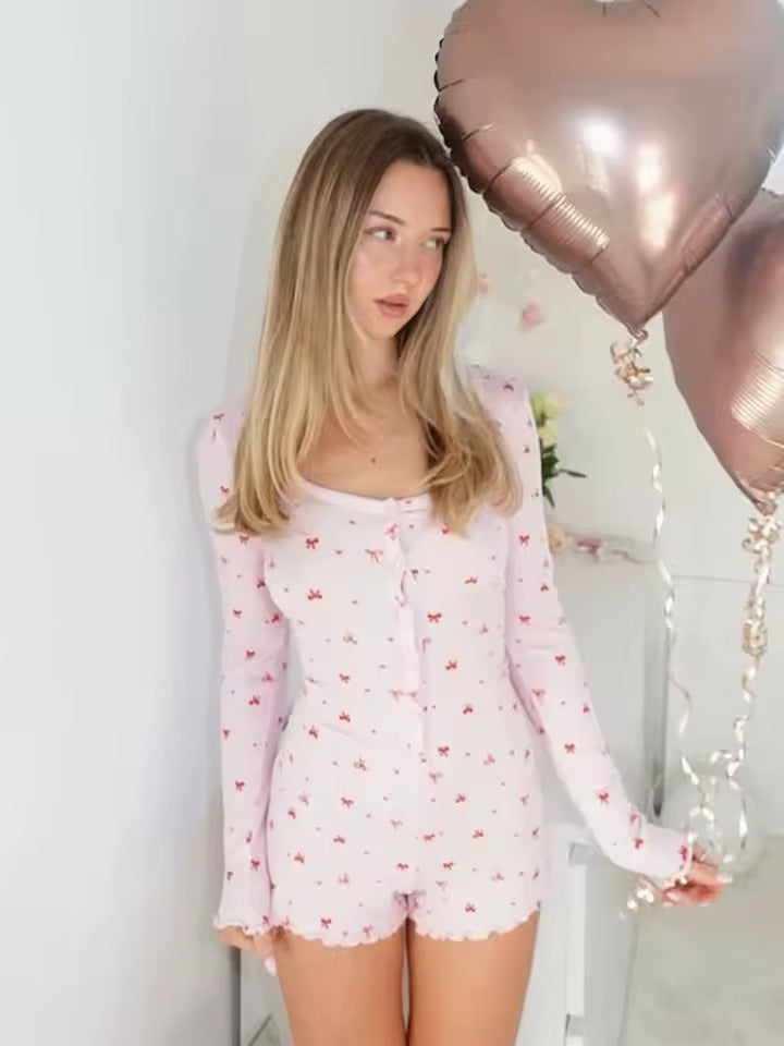 flirty cute ribbon romper with minimal details, soft cozy at-home wear