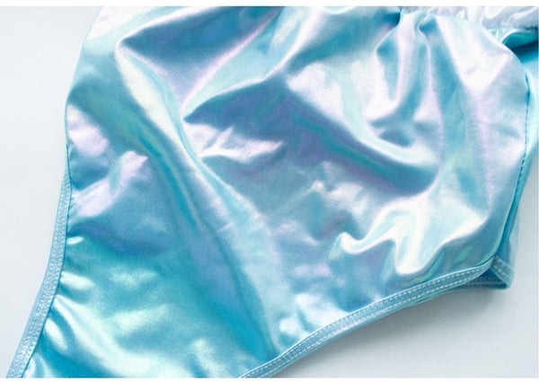 Flirty cutecore holographic blue ruffle bodysuit, soft girl fashion for ddlgirls and pastel aesthetics