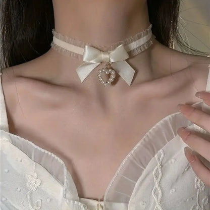 Flirty Cutecore Satin Heart Choker, DDLG/DDLGirl soft-girl accessory, ribbon necklace with mini heart pendant