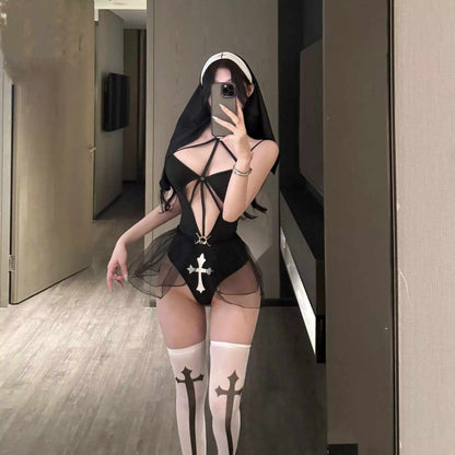 Flirty Holy Tease Bodysuit Package with veil, stockings, and playful bodysuit — perfect for DDLG, dollcore, cutecore, kawaii, baddie looks