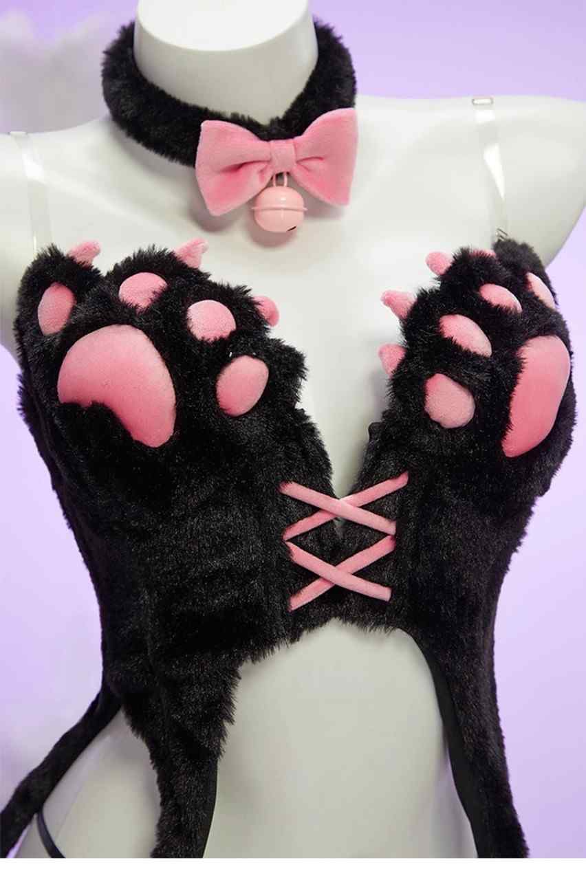 Flirty Kitty Corset Cosplay Set with paw cups, tail, 3D ears, plush ribbon choker and cuffs, sexy cute playful cutecore kawaii little-core fantasy