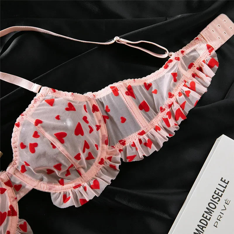 Flirty Need Your Love lingerie set, soft pink bra and thong with heart patterns and ruffles, princessy cutecore DDLG/DDLGirl energy