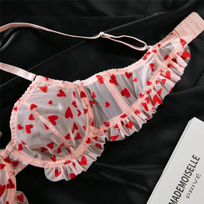 Flirty Need Your Love lingerie set, soft pink bra and thong with heart patterns and ruffles, princessy cutecore DDLG/DDLGirl energy