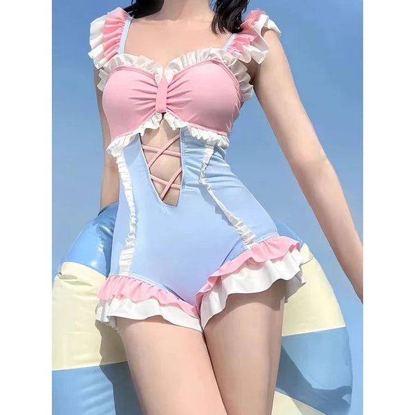 Flirty pastel cotton candy onesie with lace-up front and belly cutout, ABDL DDLG cutecore