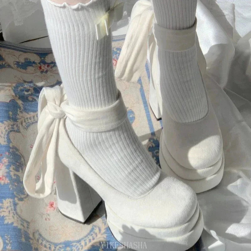 Flirty suede lace-up platform heels with adjustable ties, pastel cutecore, lolita, alternative fashion and kawaii lifestyle for DDLG and ABDL