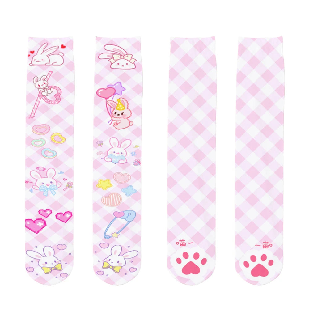 Sweet Pastel Adventure Stockings featuring paw prints under feet, kawaii animals, and pastel cutecore vibes