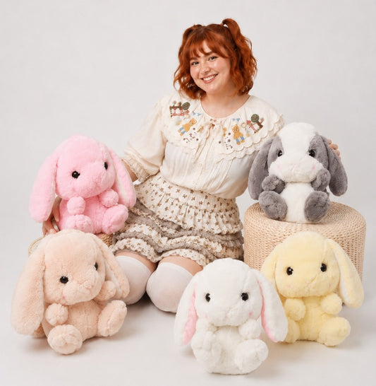 Full color range display of floppy bunny kawaii doll backpack, kawaii J fashion accessory