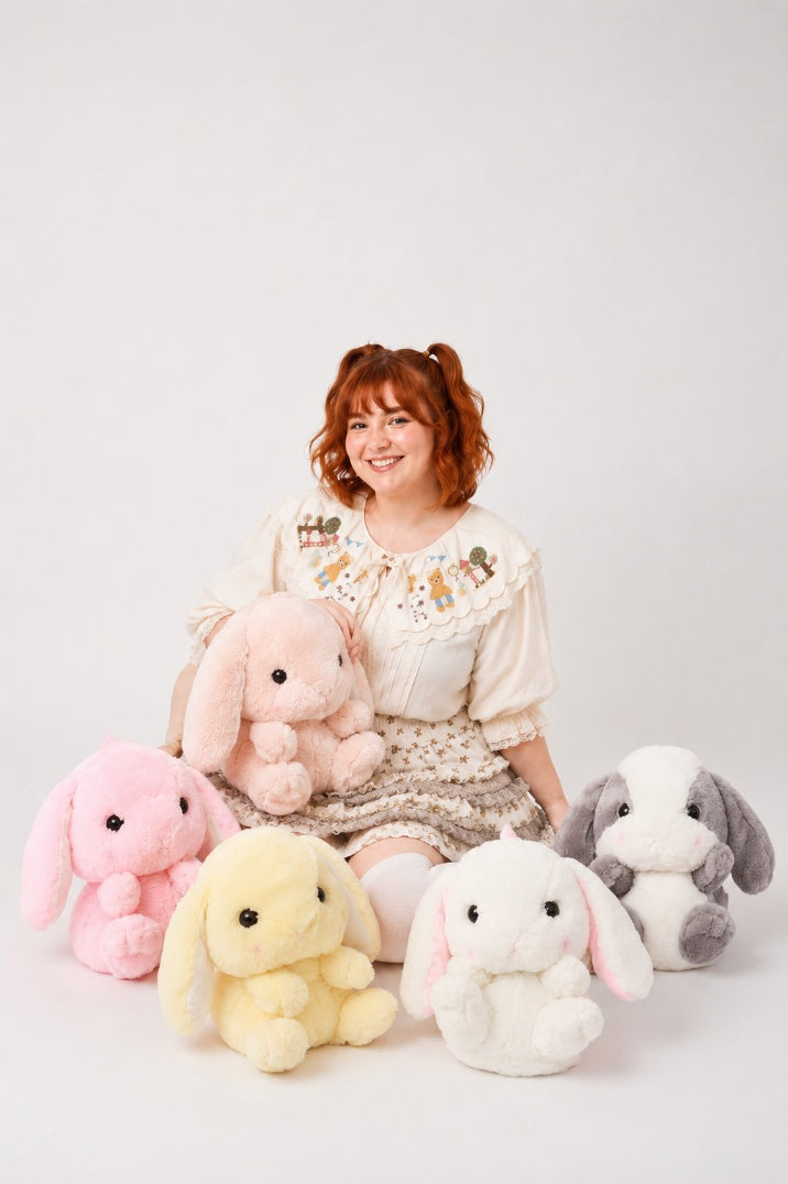 All five colorways of floppy bunny kawaii doll backpack lined up together