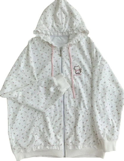 Softgirl aesthetic jacket with floral accents and softcore kitty design