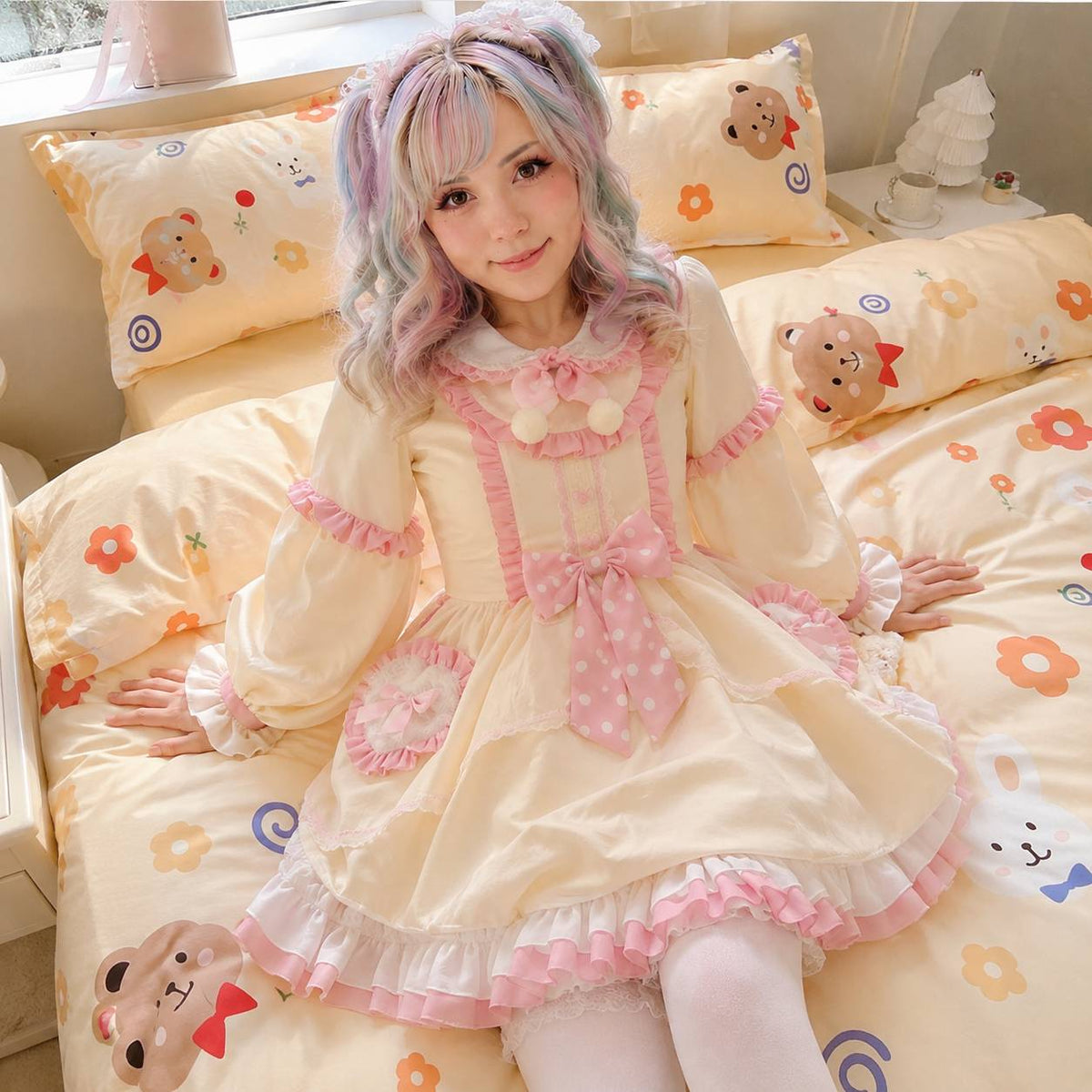 Floral Friends bedding set with bunny and bear designs, kawaii DDLG ABDL bedroom decor