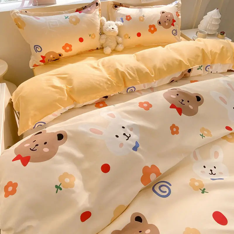 Floral Friends Bedding Set with pastel tones, kawaii bunny and bear designs, soft breathable fabric for cozy comfort