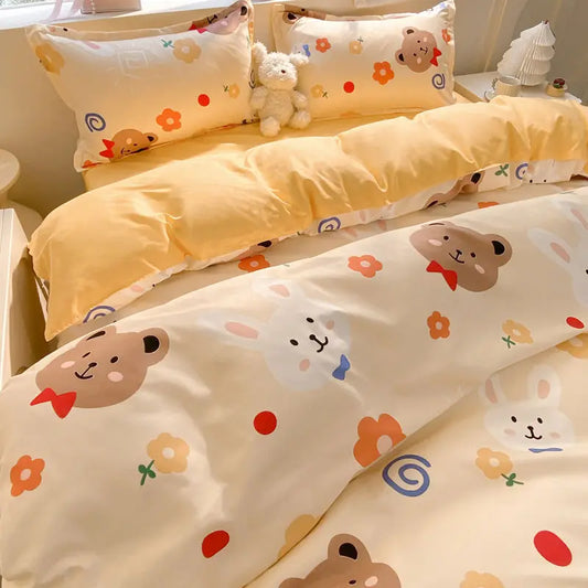 Floral Friends Bedding Set with pastel tones, kawaii bunny and bear designs, soft breathable fabric for cozy comfort