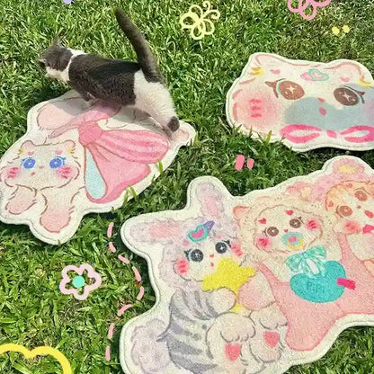 trio of kawaii pastel rugs featuring baby cats in cozy soft girl nursery styles